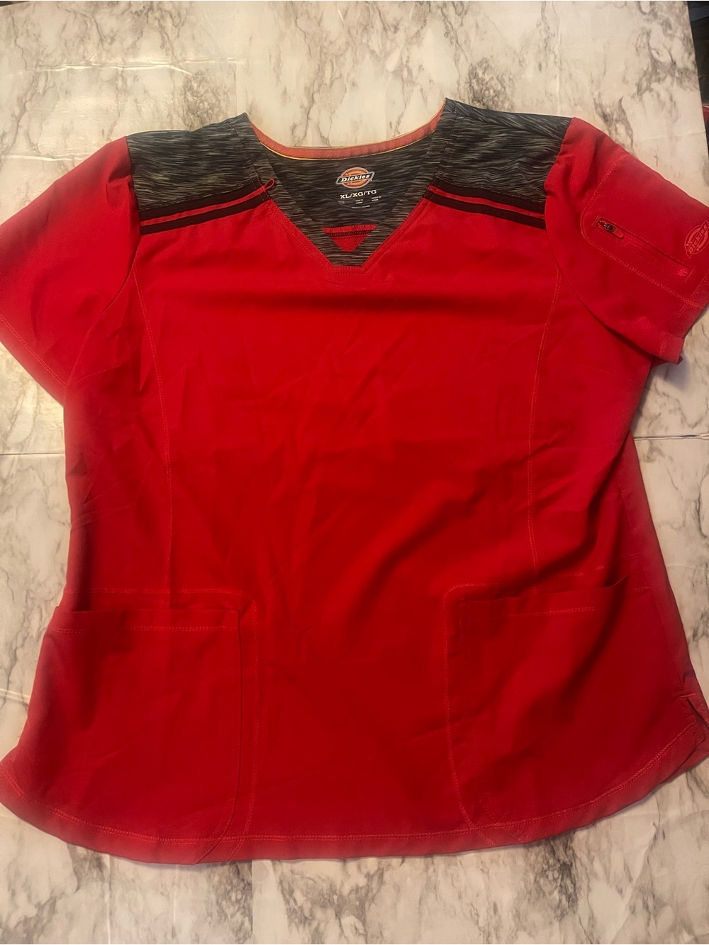 Dickies Dynamix Red Short Sleeve V-Neck Scrub Top with Heathered Black Yoke